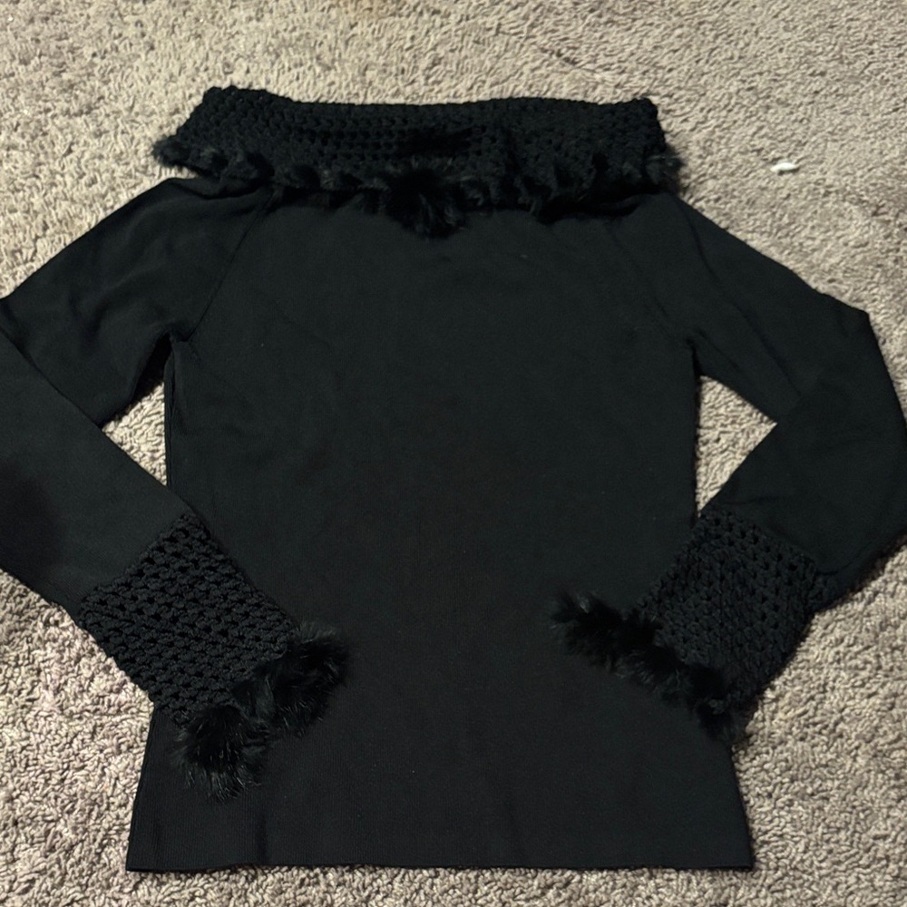 Black Off-Shoulder Knit Sweater with Faux-Fur Trim